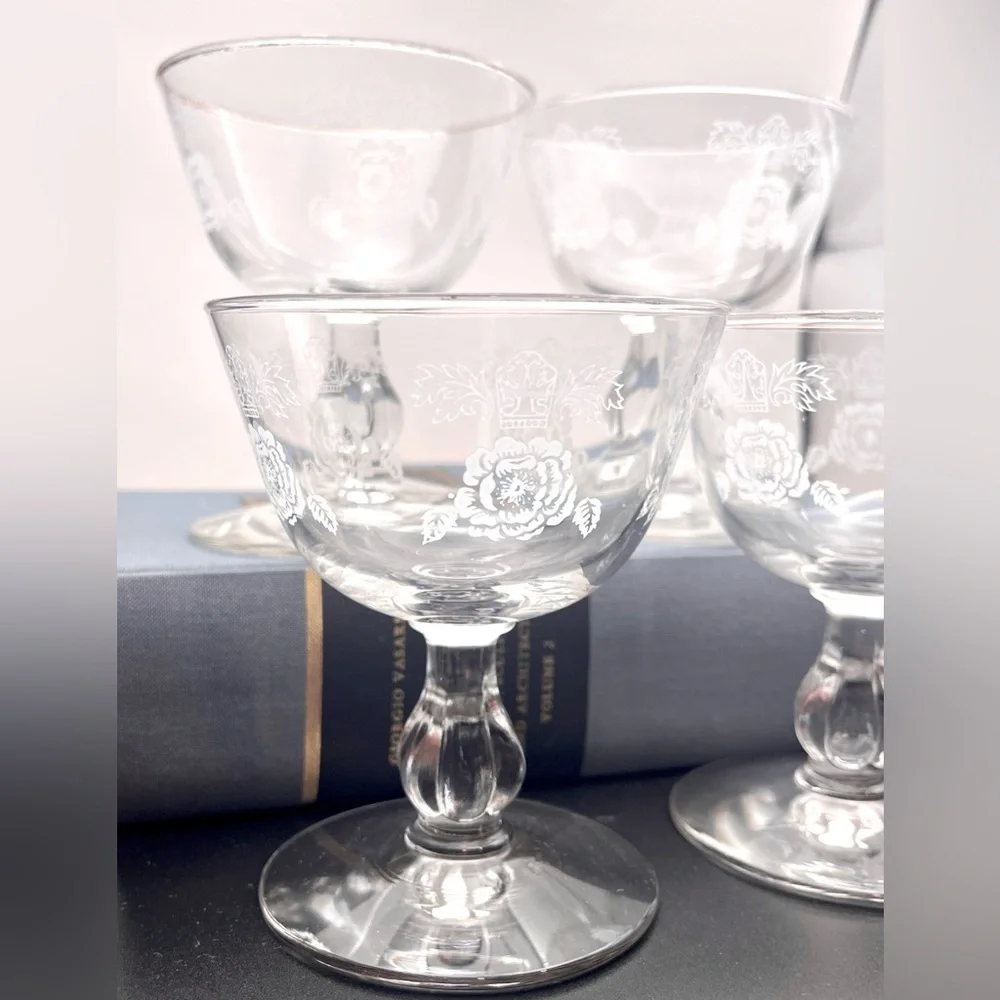 Homer Laughlin 1950’s Queen Esther Rose Floral Etched Sherbert Glasses Set of 4
